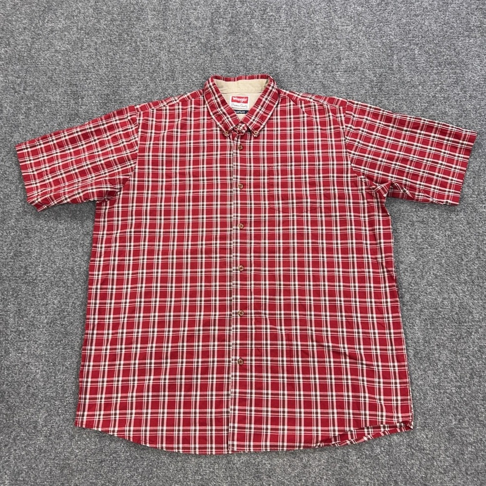 Wrangler Shirt Mens XLT Red Plaid Short Sleeve Button-Up Wrinkle Resist